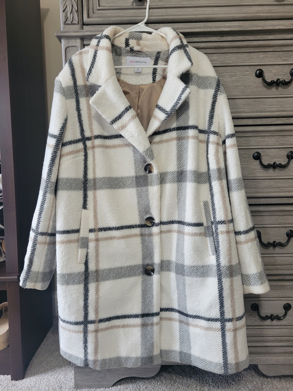 Liz Claiborne Cream Plaid Pea Coat with Gray & Tan Accents
